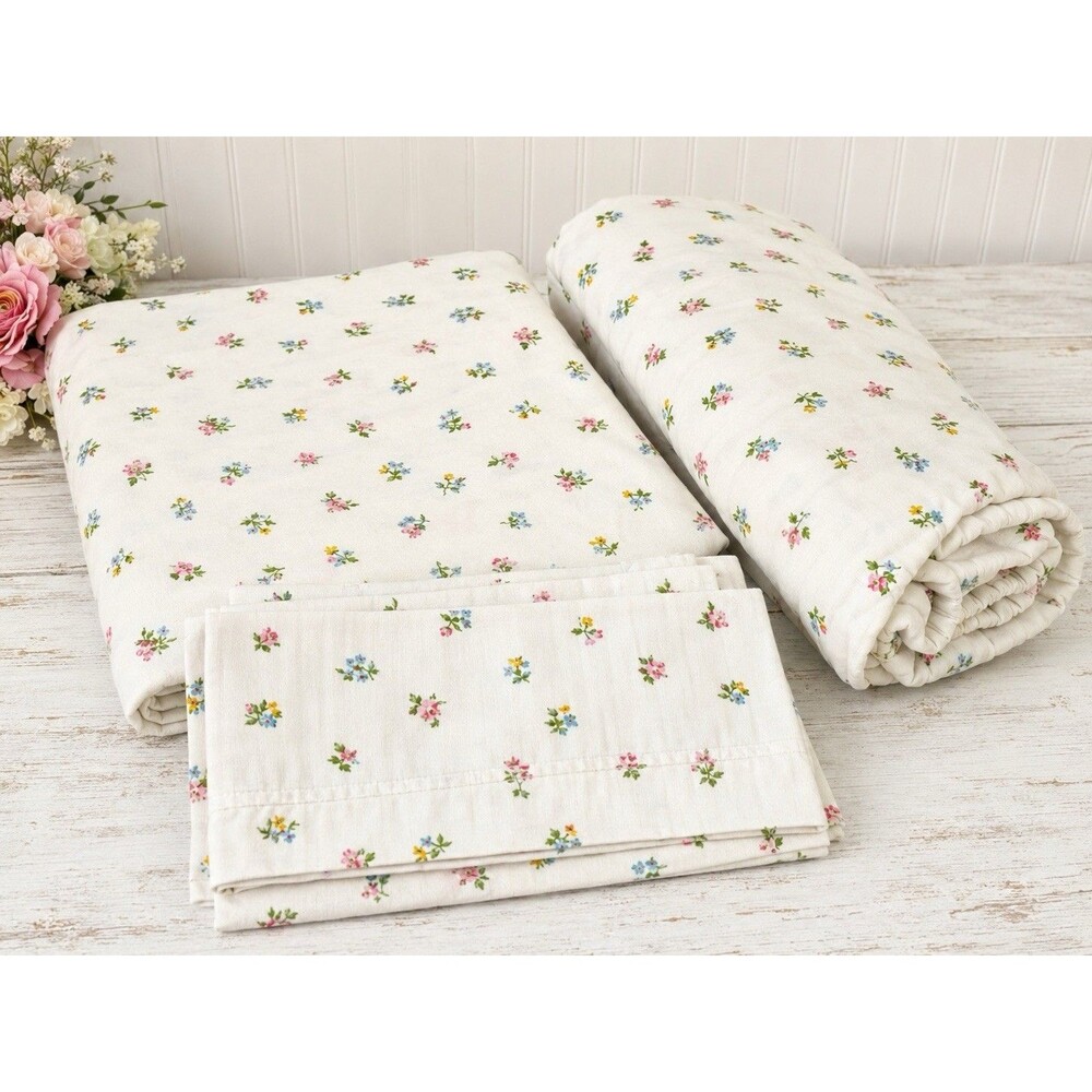 Vintage Full Floral Sheet Set Muslin Pink Blue Cottagecore Sears Perma Prest